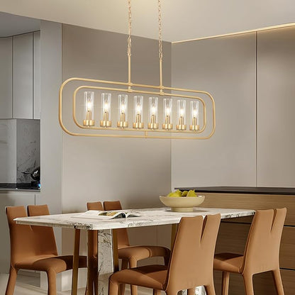 Gold Linear Dining Room Light Fixture, 8 Lights Modern Kitchen Isalnd Light, 45" Long Chandelier Farmhouse Chandeliers for Dining Room Industrial Pendant Lights with Clear Glass