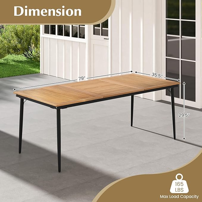 Tangkula Outdoor Dining Table for 8, 79 Inch Acacia Wood Patio Table with 1.9” Umbrella Hole, Metal Frame & Anti Slip Foot Pads, Indoor Bistro Table for Poolside, Garden & Deck