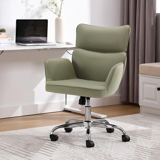 BV Adjustable Desk Chair with Wheels for Make Up, Faux Leather Rolling Armchair, 360° Swivel Comfy Task Chair for Home Office, Green