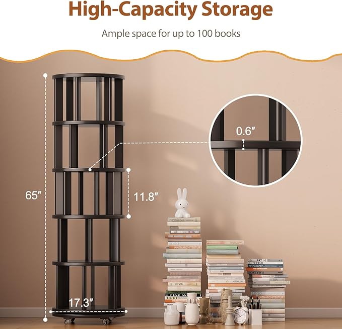 Solid Wood Rotating Bookshelf on Wheels, 5 Tier, Round Revolving Bookcase, 360° Spinning Book Shelf Tower for Kids, Narrow Rolling Bookshelves for Small Space, Corner, Bedroom, Office, Black