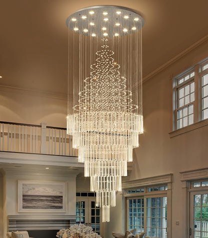 W40 x H120 Glam Chandelier with LED Bulbs Crystal Raindrop High Ceiling Pendant Light for Entrance Large Villa Chandelier Foyer Lighting Fixtures Silver