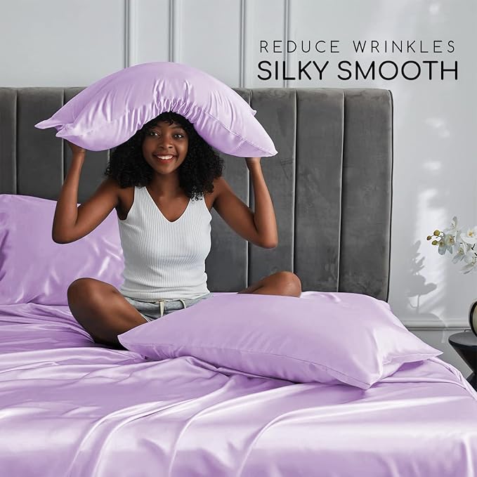 MR&HM Satin Bed Sheets with Elastic Corner Straps, King Size Sheets Set, 4 Pcs Silky Bedding Set with 15 Inches Deep Pocket for Mattress (King, Lilac)