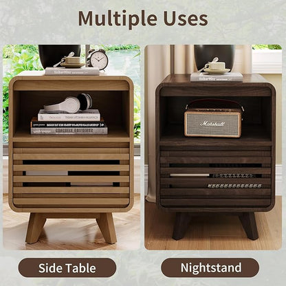 Fluted Night Stand Nightstand with Drawer Storage Grille Bed Side Table End Table Large Modern Wide Bedside Stand Tall Night Stands for Bedroom Living Room Home Office, Natural Oak