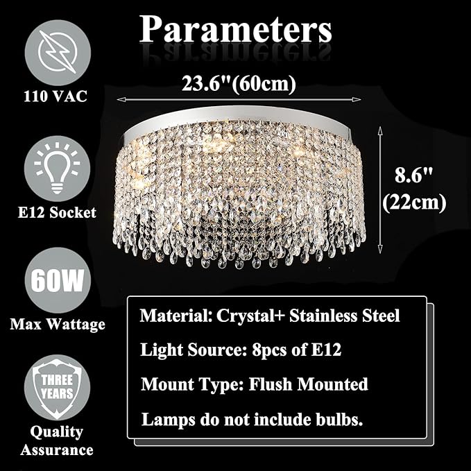 Modern Crystal Chandelier 8-Lights Large Raindrop Crystal Chandeliers Flush Mount Ceiling Light Fixture for Living Room Dining Room Bedroom