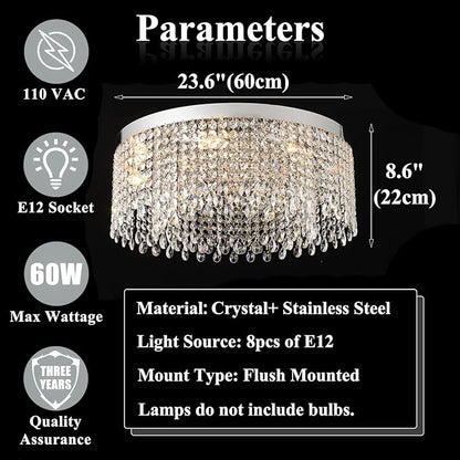 Modern Crystal Chandelier 8-Lights Large Raindrop Crystal Chandeliers Flush Mount Ceiling Light Fixture for Living Room Dining Room Bedroom