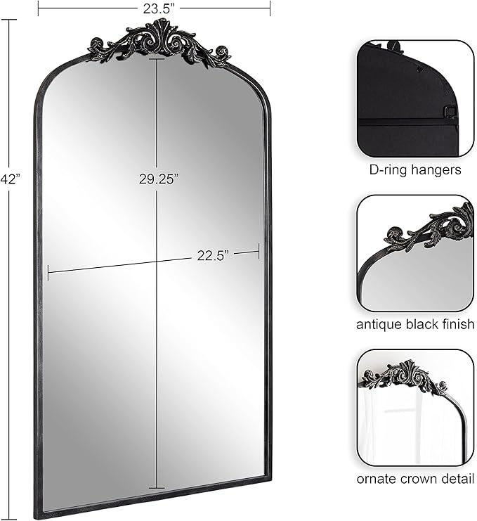 Kate and Laurel Arendahl Vintage Glam Arched Tall Panel Mirror; 24 x 42; Antique Black; Traditional Baroque Large Body Wall Mirror with Ornate Garland Inspired Crown