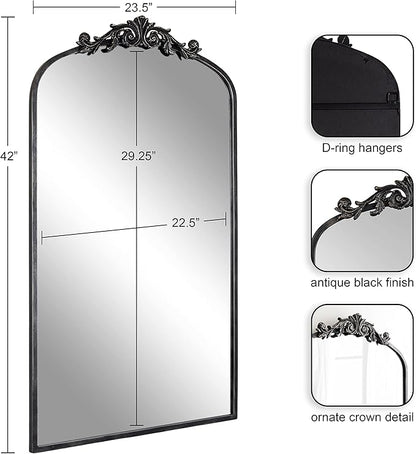 Kate and Laurel Arendahl Vintage Glam Arched Tall Panel Mirror; 24 x 42; Antique Black; Traditional Baroque Large Body Wall Mirror with Ornate Garland Inspired Crown