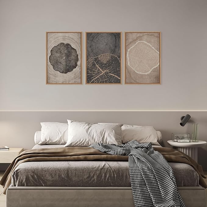 HOURIA Neutral Brown Tree Rings Framed Canvas Wall Art Set,Modern Beige Tan Wood Stump Wall Decor,Vintage Abstract Tree Spiral Art Print,Nature Black Artwork for Living Room,Bedroom,Office- 24"x36"x3