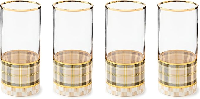 MACKENZIE-CHILDS Set of 4 Highball Glasses, Tall Drinking Glasses, 14 Ounces, Brown-and-White Tartan Mocha