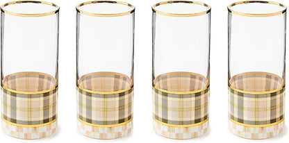 MACKENZIE-CHILDS Set of 4 Highball Glasses, Tall Drinking Glasses, 14 Ounces, Brown-and-White Tartan Mocha
