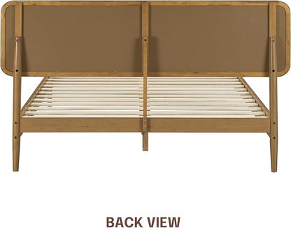 NTC Lupin Wooden Bed Frame with Headboard, Solid Oak and Rubber Wood Foundation with Silent Slats and Wood Central Supports, 1000 Lb Capacity, Queen - Teak Look