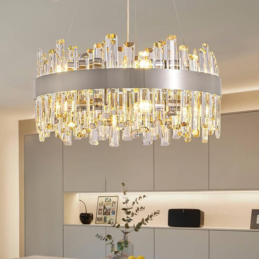 Siljoy 19.7'' Modern Crystal Chandelier for Dining Room, Luxury 2-Tiers K9 Crystal Raindrop Chandelier Flush Mount Dimmable Pendant Ceiling Light for Living Room Kitchen Island E12x12, Brushed Nickel