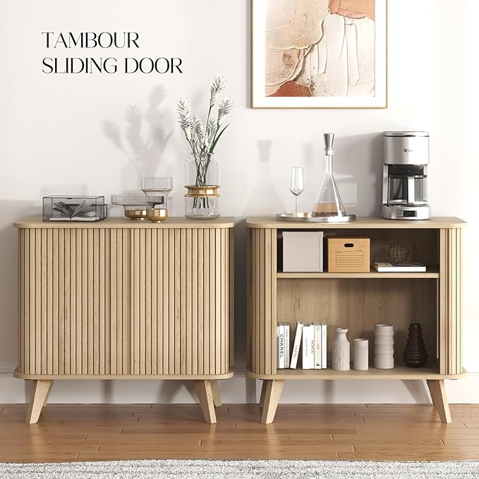 Fluted Sideboard Buffet Cabinet with Storage, 27” Curvy Edge Accent Storage Cabinet with Sliding Doors & Shelves, Modern Sideboard Credenza Console for Kitchen, Living Room, Entryway, Oslo