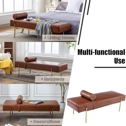 Modern End of Bed Bench, Upholstered Entryway Bench with Detachable Pillow for Living Room, PU Leather Ottoman Bench with Gold Metal Legs, Comfy Cushion Bedroom Decoration Benches (Brown)