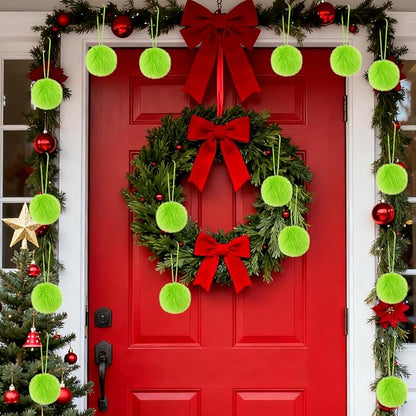 12 Pcs Lime Green Furry Christmas Balls Ornaments Green Christmas Hanging Decorations for Xmas Tree Faux Fur Pom Pom Ball Ornaments for Wreath Fireplace Wall Home Party Supplies
