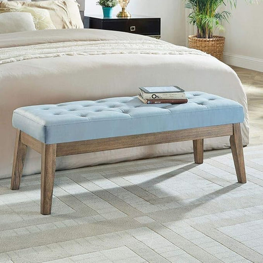 24KF Velvet Upholstered Buttons Tufted Entryway Bench with Solid Wood Leg,Bed Bench Ottoman with Padded Seat,5034-Seaglass