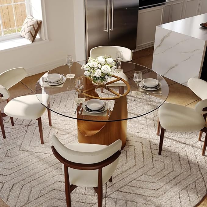 POVISON Round Dining Table for 4, 51" Glass Tabletop Dining Table with Bronze Carbon Steel Pedestal, Modern Dining Room Table for Kitchen, Living Room (Table Only)