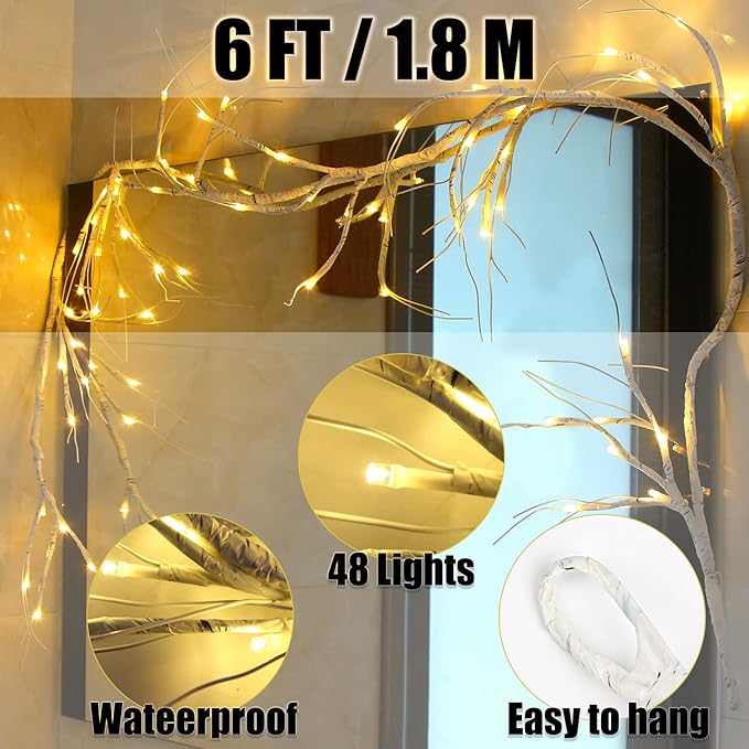 LOMIMOS 6FT Spring Lighted Birch Garland,Battery Operated Twig Vine with Timer 48 Lights for Xmas Spring Thanksgiving Wedding Party Decoration Fireplace Mantle Wall