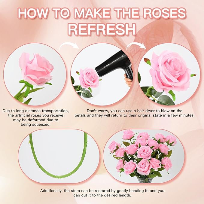 Nubry 50pcs Artificial Silk Roses Bulk,Fake Roses Flower with Stems Realistic Flowers for Wedding Centerpiece Home Party Decor(Pink)