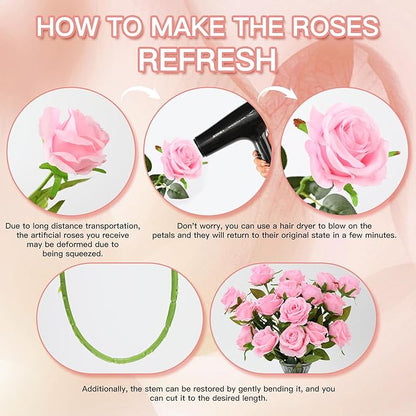 Nubry 50pcs Artificial Silk Roses Bulk,Fake Roses Flower with Stems Realistic Flowers for Wedding Centerpiece Home Party Decor(Pink)