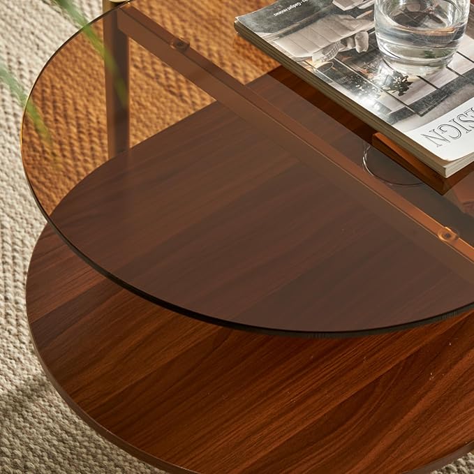 Saint Mossi Oval Glass Coffee Table for Small Living Room, Double Layer Glass and Wood Center Table, Brown Glass & Coffee Brown MDF Bottom Shelf, 41”x21 x17, Gold Table Legs