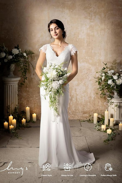 Ling's moment White Green Bridal Bouquet for Bride, White Green Wedding Bouquets for Bride, 13 Inch Bride Bouquets for Wedding Artificial Flowers Bouquets