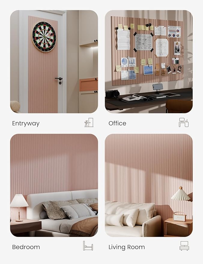 Bumusty Large Cork Board Alternative-47 x35 Felt Bulletin Board Tiles, with 30 Pushpins, 70 Adhesive Tabs, 12-Pack Slat Wall Paneling, Cork Boards for Office Push Pin Board Felt Board-Pink