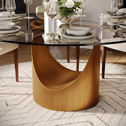 POVISON Round Dining Table for 6, 59" Glass Tabletop Dining Table with Bronze Carbon Steel Pedestal, Modern Dining Room Table for Kitchen, Living Room (Table Only)