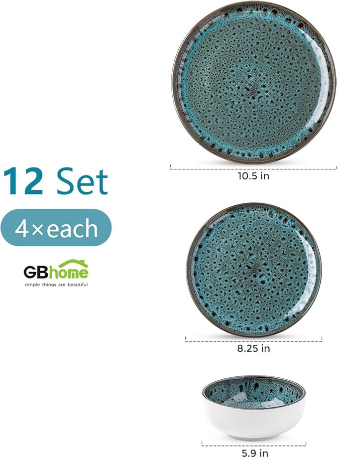 GBHOME Ceramic Dinnerware Sets, 12 Pieces Stoneware Dinnerware Set, Plates and Bowls Sets, Dishwasher & Microwave Safe,Dishes Set | Service for 4