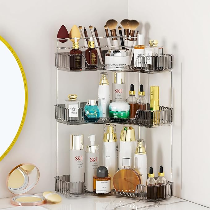 SUNZOS Modern 3-Tier Bathroom Organizer, Corner Makeup Storage with Brush Holder, Acrylic Vanity Organizer, Large Capacity Countertop Organizer for Kitchen, Dresser, Gray