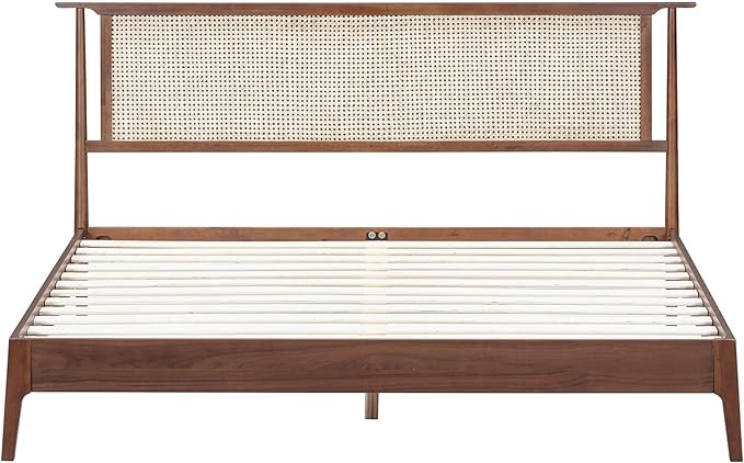 NTC Ruby Wooden Bed Frame with Headboard and Natural Rattan, Solid Oak/Rubber Wood Foundation with Silent Slats, 1000 Lb Capacity, Effortless Assembly (Natural Cane - Dark Walnut, King)