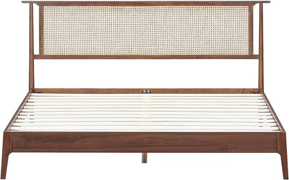 NTC Ruby Wooden Bed Frame with Headboard and Natural Rattan, Solid Oak/Rubber Wood Foundation with Silent Slats, 1000 Lb Capacity, Effortless Assembly (Natural Cane - Dark Walnut, King)