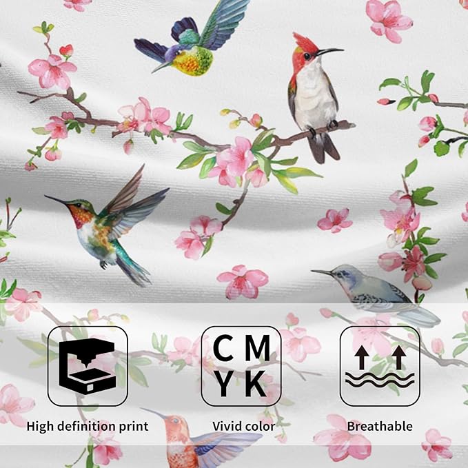 Birds Flower Hand Towel 2 Pack Hummingbird on Branch Pink Floral Decorative Kitchen Dish Towels Watercolor Bird Spring