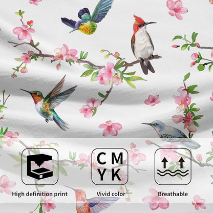 Birds Flower Hand Towel 2 Pack Hummingbird on Branch Pink Floral Decorative Kitchen Dish Towels Watercolor Bird Spring