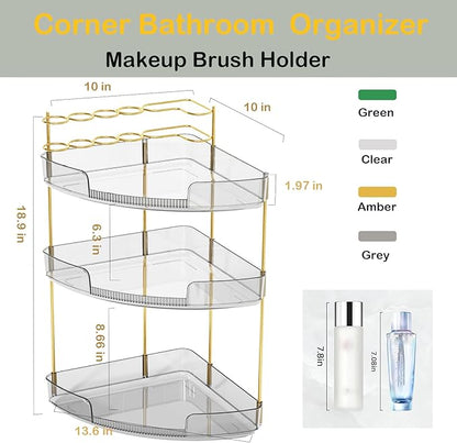 FELIZHOUSE 3-Tier Makeup Organizer for Vanity & Bathroom Countertop – Acrylic Storage Shelf with Perfume Makeup Brush Holder, Tool-Free Installation, Design for Bathroom & Dresser - Grey