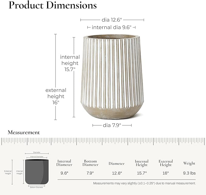 LuxenHome 16.1" H Concrete Tall Planter, Large Outdoor Indoor Plant Pot with Drainage Hole and Rubber Plug, Round Flower Pots for Plants, Handmade Modern Striped Planter Pots for Home Garden Patio
