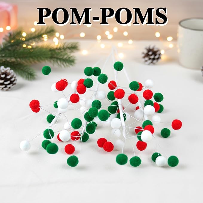 6 Pcs Pom Poms Christmas Decorations & Felt Christmas Picks and Sprays DIY Xmas Tree Toppers, Festive Tree Filler & Decor (Xmas Color)