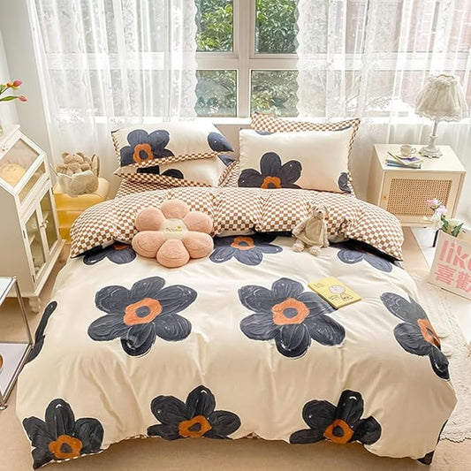 CLOTHKNOW Black Floral Full Size Comforter Sets Sunflower Bedding Comforter Sets Pumpkin Plaid Comforter Beige Black Comforter with 2 x Pillow Cases