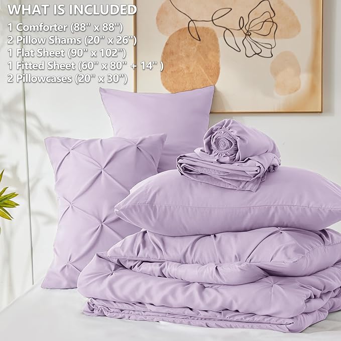 CozyLux Queen Comforter Set Lavender, 7 Pieces Pintuck Bed in A Bag, Premium Light Purple Comforter Queen Size, Pinch Pleat Bedding Sets with Comforter, Sheets, Pillowcases & Shams