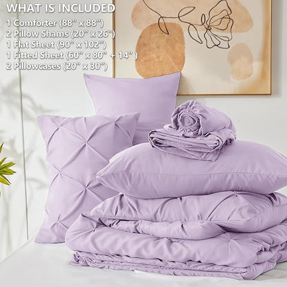 CozyLux Queen Comforter Set Lavender, 7 Pieces Pintuck Bed in A Bag, Premium Light Purple Comforter Queen Size, Pinch Pleat Bedding Sets with Comforter, Sheets, Pillowcases & Shams