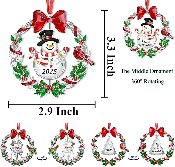 3pcs Christmas Ornament 2025 for Christmas Tree Decorations, Dated 2025 Christmas Wreath Tree Ornament with Rotatable Snowman/Tree/Deer for Xmas Holiday Metal Decorative Keepsake Gift