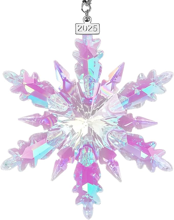 2025 Annual Edition Snowflake Crystal Christmas Ornament, Large Crystal Ornaments Display Winter House Decor with Gift Box (Colourful B)