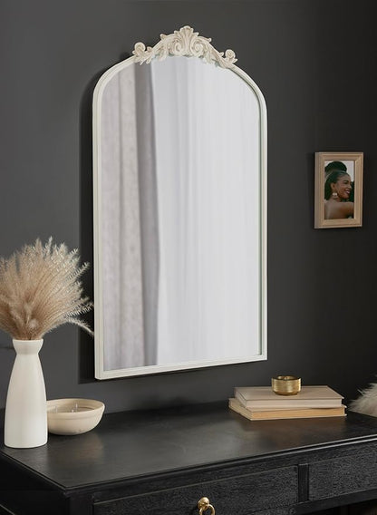 Kate and Laurel Arendahl Traditional Arch Wall Mirror; 24 x 36; Antique White; Vintage Glam Baroque-Inspired Arched Bathroom Vanity Mirror with Ornate Crown
