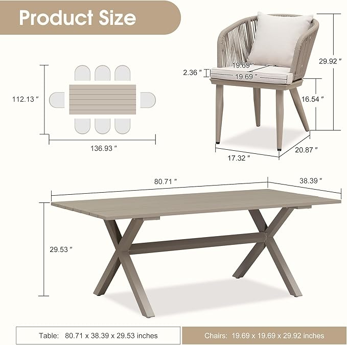 PURPLE LEAF 9 Pieces Patio Dining Table Set Wicker Outdoor Furniture Rectangular Table and Chairs Set for Garden Deck Aluminum Frame Backyard Kitchen Set, Cushions and Pillows Included Champagne