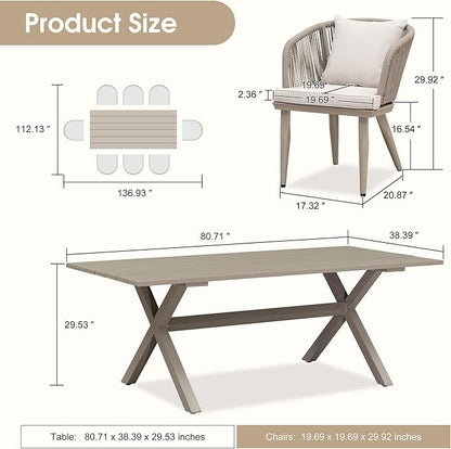 PURPLE LEAF 9 Pieces Patio Dining Table Set Wicker Outdoor Furniture Rectangular Table and Chairs Set for Garden Deck Aluminum Frame Backyard Kitchen Set, Cushions and Pillows Included Champagne