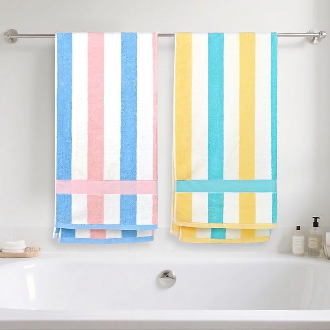 Jacquotha 100% Cotton Bath Towels Set of 2 Highly Absorbent Striped Towels for Bathroom Hotel Spa, Peach Pink & Teal