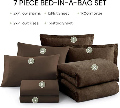 Monbix Full Size Comforter Set, Chocolate Brown Bedding Comforter for Full Size Bed Set Reversible, Bedding Sets Full 7 Pieces, Cationic Dyeing Bed in a Bag with Comforter, Sheets, Pillowcases & Shams
