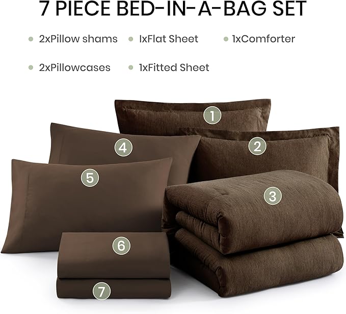 Monbix King Size Comforter Set, Chocolate Brown King Bedding Set Reversible, King Comforter Set 7 Pieces, Cationic Dyeing Bed in a Bag with Comforter, Sheets, Pillowcases & Shams