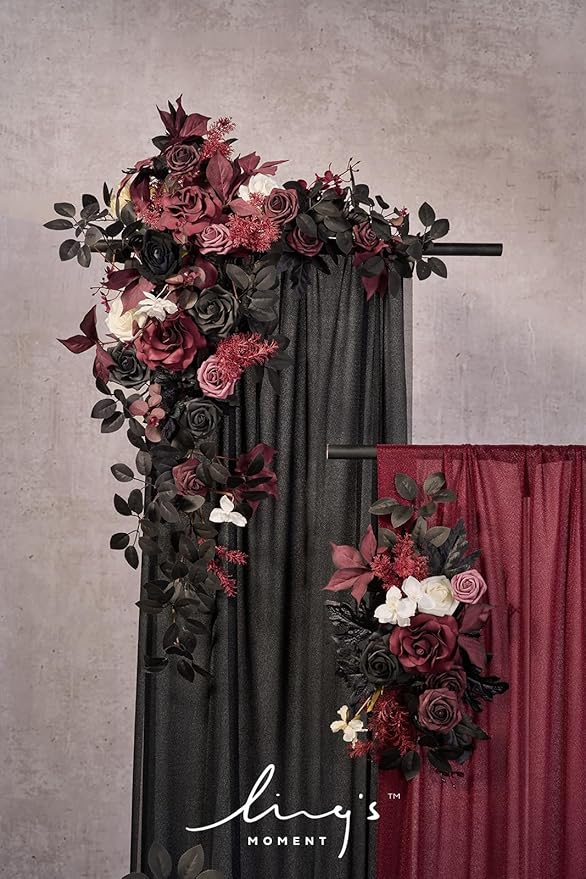 Ling's moment Black Red Artificial Wedding Arch Flowers Kit Pack of 4, 2pcs Hanging Flower Arrangement 2pcs Chiffon Drapes Ceremony Reception Fake Rose Arbor Backdrop Floral Party Outdoor Decorations