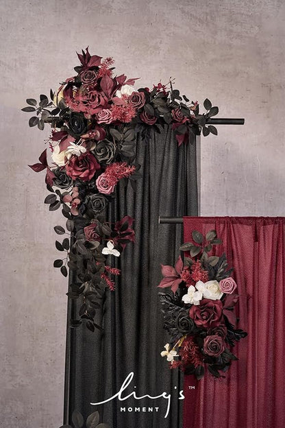 Ling's moment Black Red Artificial Wedding Arch Flowers Kit Pack of 4, 2pcs Hanging Flower Arrangement 2pcs Chiffon Drapes Ceremony Reception Fake Rose Arbor Backdrop Floral Party Outdoor Decorations